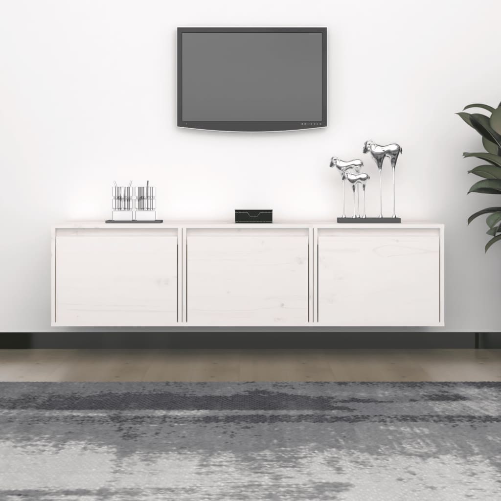 Meuble TV Bois Massif Suspendu en Pin Blanc - 3 Pièces-Mon Meuble TV-Blanc-2