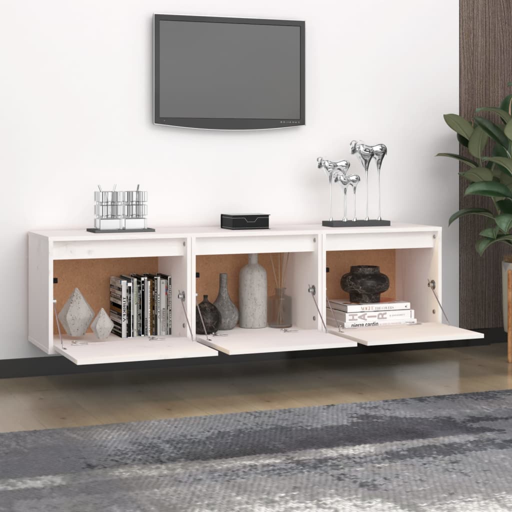 Meuble TV Bois Massif Suspendu en Pin Blanc - 3 Pièces-Mon Meuble TV-Blanc-3