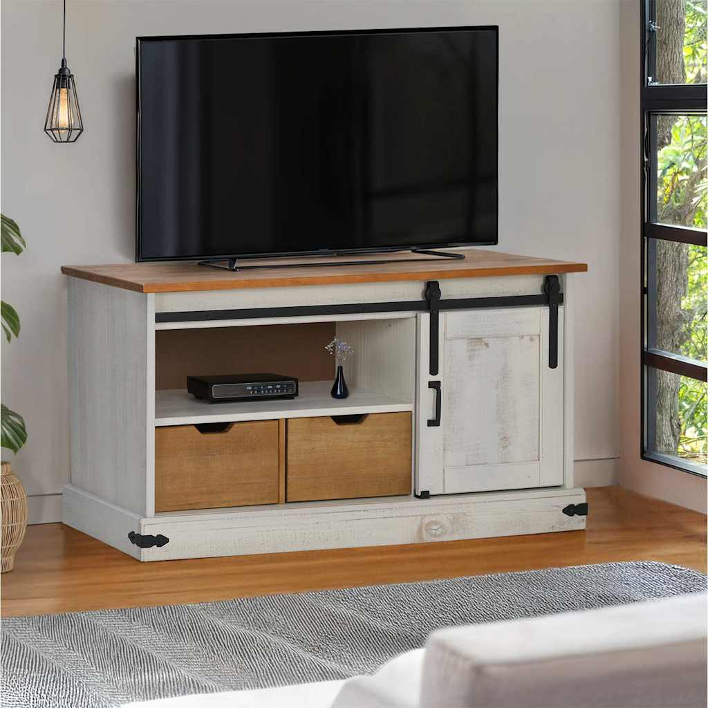 Meuble TV Bois Porte Coulissante en Pin Massif Gris - 110 cm-Mon Meuble TV-Blanc-12