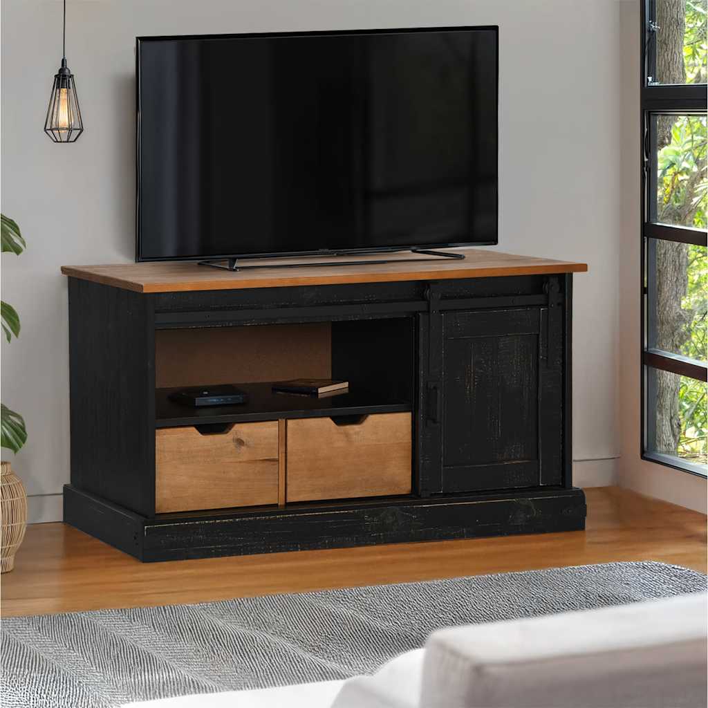 Meuble TV Bois Porte Coulissante en Pin Massif Gris - 110 cm-Mon Meuble TV-Noir-13