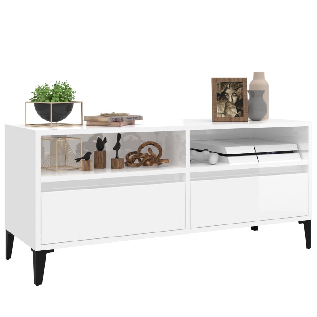Meuble TV Bois sur Pied Blanc Brillant - 100 cm-Mon Meuble TV-3
