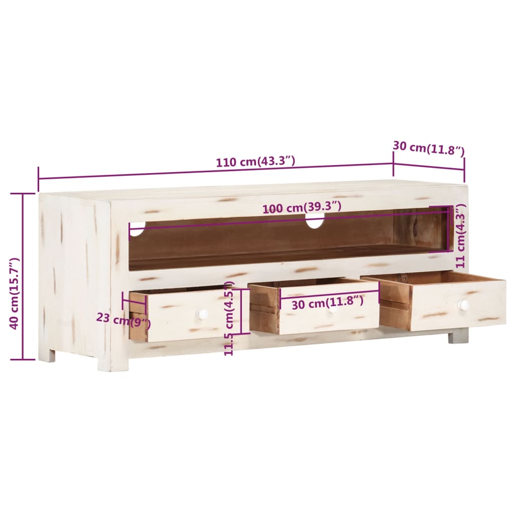 Meuble TV Bois Vieilli Blanc en Acacia - 110 cm-Mon Meuble TV-7