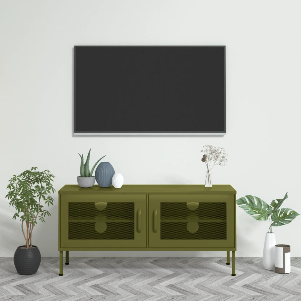 Meuble TV Design en Métal Jaune Moutarde - 105 cm-Mon Meuble TV-Vert olive-1-11