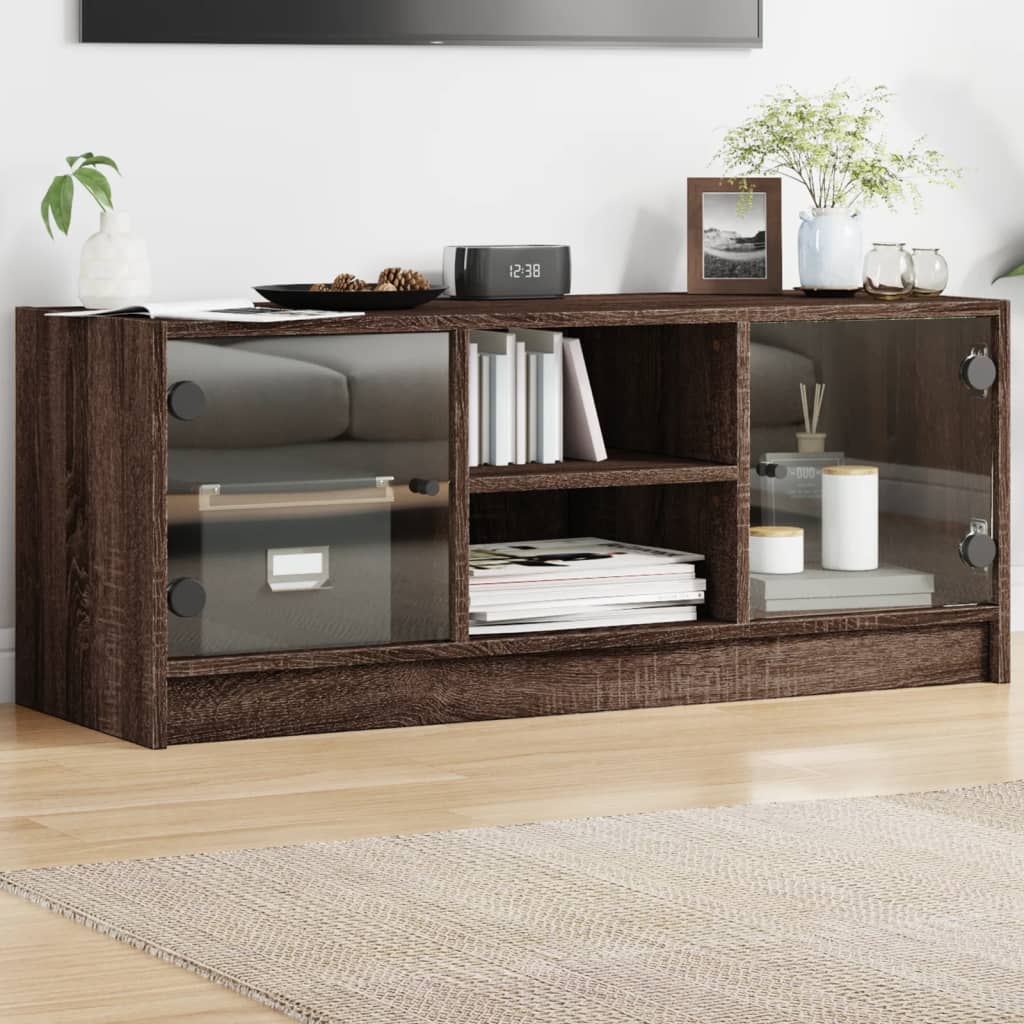 Meuble TV Design en Verre et Bois - 102 cm-Mon Meuble TV-Chêne marron-1-15