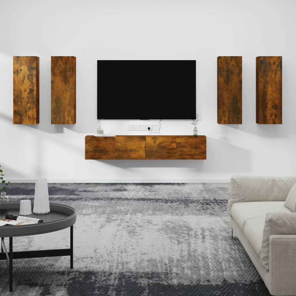 Meuble TV Design Suspendu Effet Chêne Fumé - 6 Pièces-Mon Meuble TV-Chêne fumé-90 cm-6-1