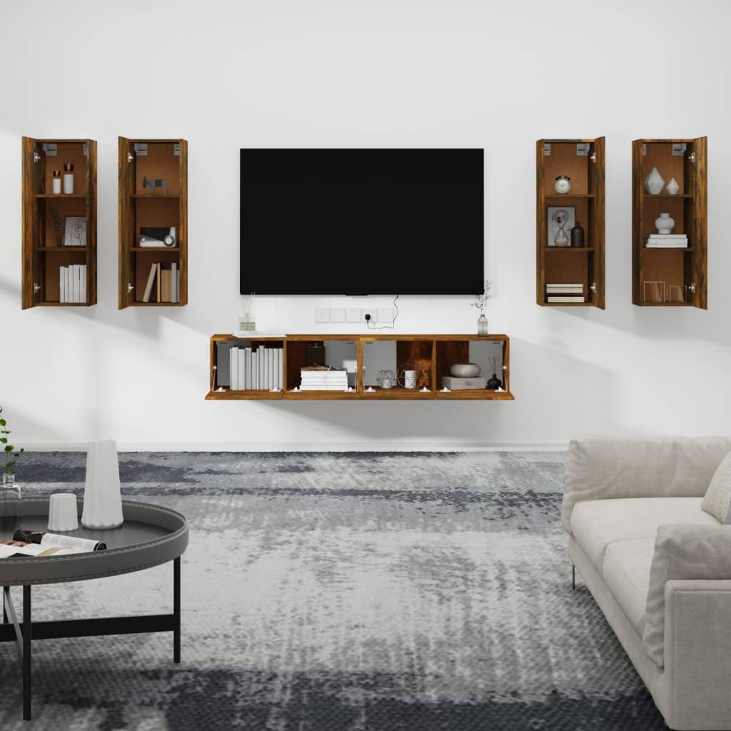 Meuble TV Design Suspendu Effet Chêne Fumé - 6 Pièces-Mon Meuble TV-Chêne fumé-90 cm-6-3