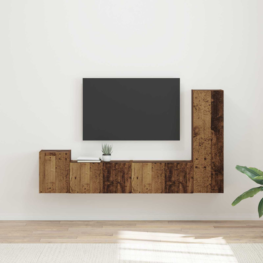Meuble TV Effet Bois avec Colonne Gris - 4 Pièces-Mon Meuble TV-Bois ancien-18