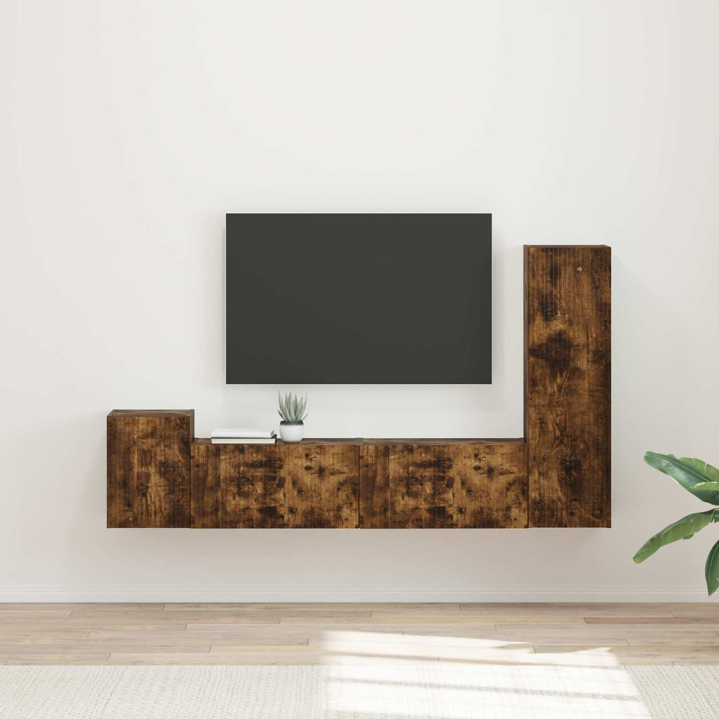 Meuble TV Effet Bois avec Colonne Gris - 4 Pièces-Mon Meuble TV-Chêne fumé-17