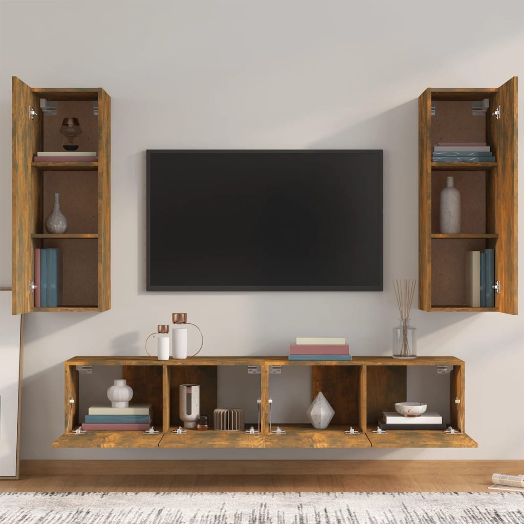 Meuble TV Effet Bois Chêne Fumé - Rangement 4 Pièces-Mon Meuble TV-Chêne noir-80 cm-4-3