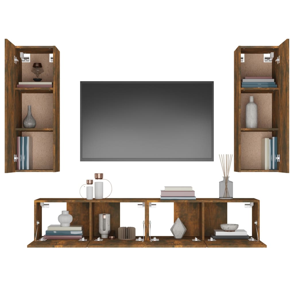 Meuble TV Effet Bois Chêne Fumé - Rangement 4 Pièces-Mon Meuble TV-Chêne noir-80 cm-4-5