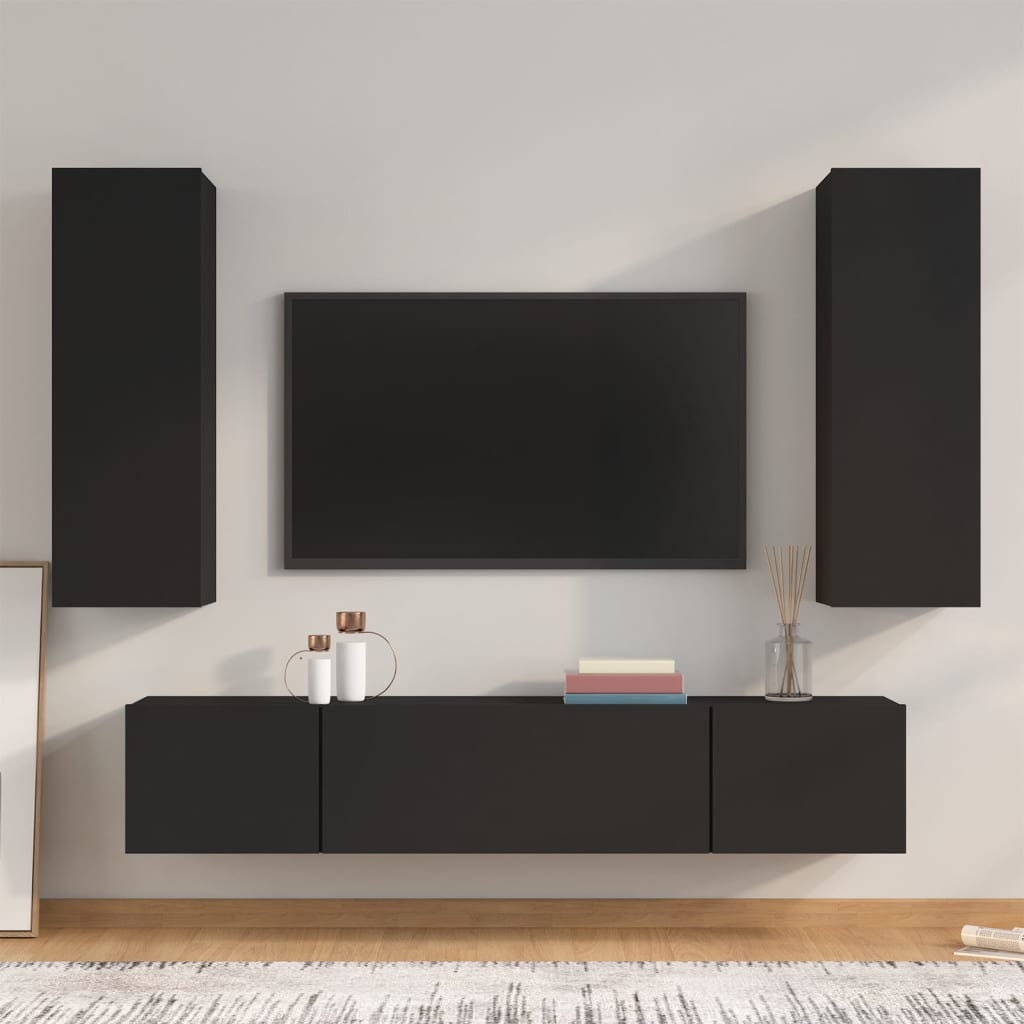 Meuble TV Effet Bois Chêne Fumé - Rangement 4 Pièces-Mon Meuble TV-Noir-80 cm-4-15