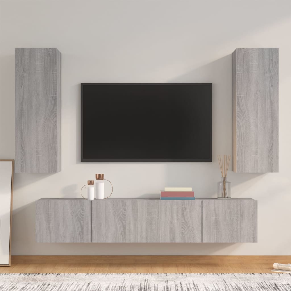 Meuble TV Effet Bois Chêne Fumé - Rangement 4 Pièces-Mon Meuble TV-Sonoma gris-80 cm-4-14