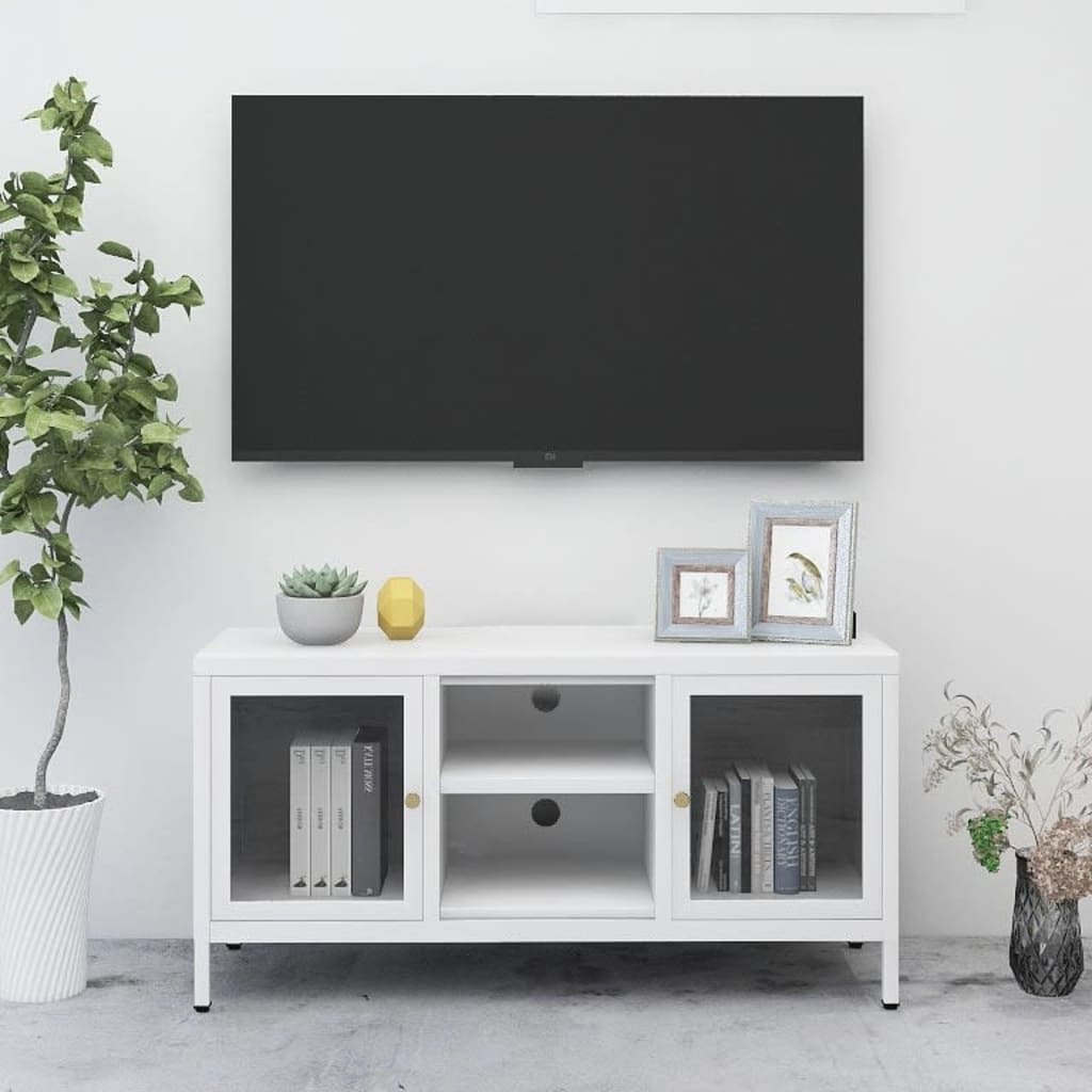 Meuble TV en Acier et Verre Blanc - 105 cm-Mon Meuble TV-Blanc-1-1