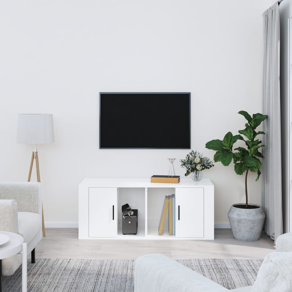 Meuble TV en Bois Brun Effet Chêne Fumé - 100 cm-Mon Meuble TV-Blanc brillant-1-11