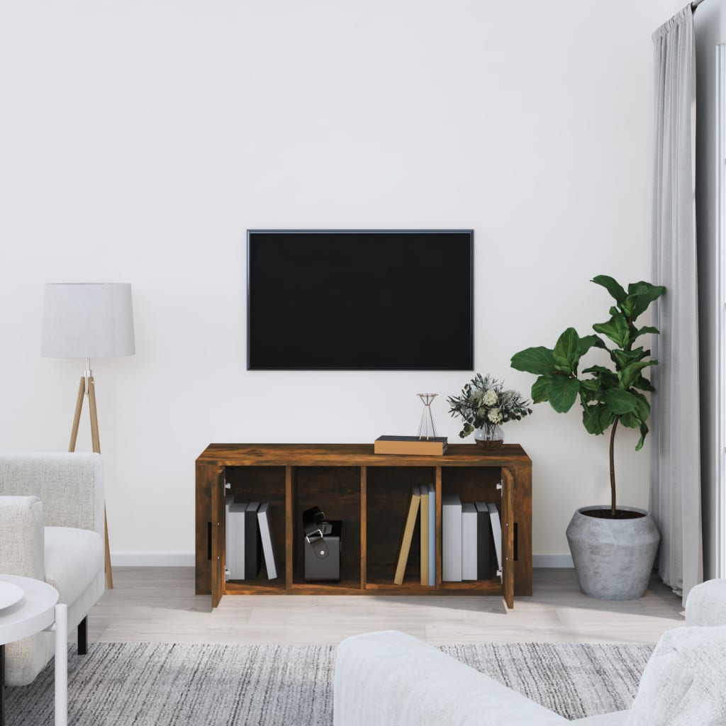 Meuble TV en Bois Brun Effet Chêne Fumé - 100 cm-Mon Meuble TV-Gris béton-1-3