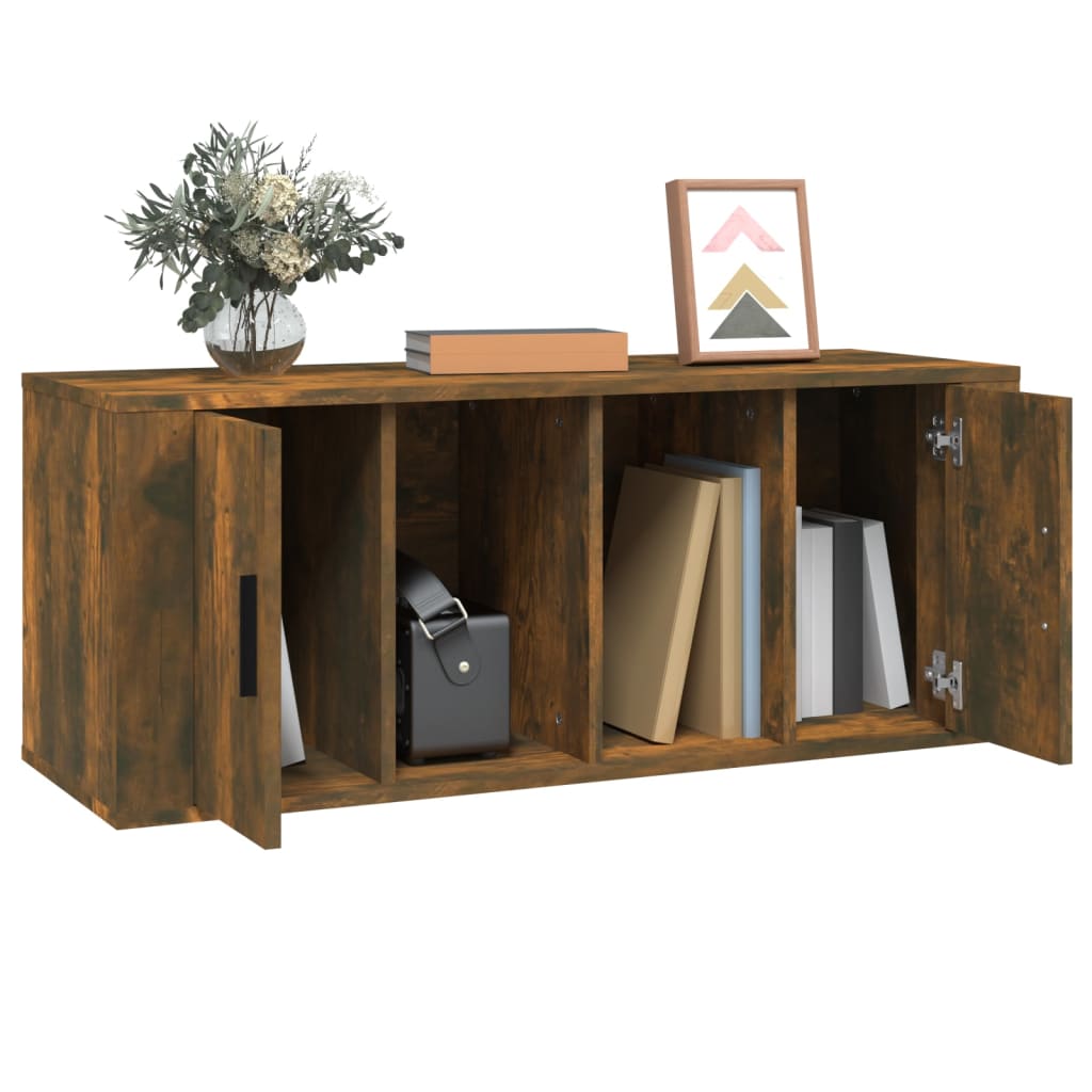 Meuble TV en Bois Brun Effet Chêne Fumé - 100 cm-Mon Meuble TV-Gris béton-1-4