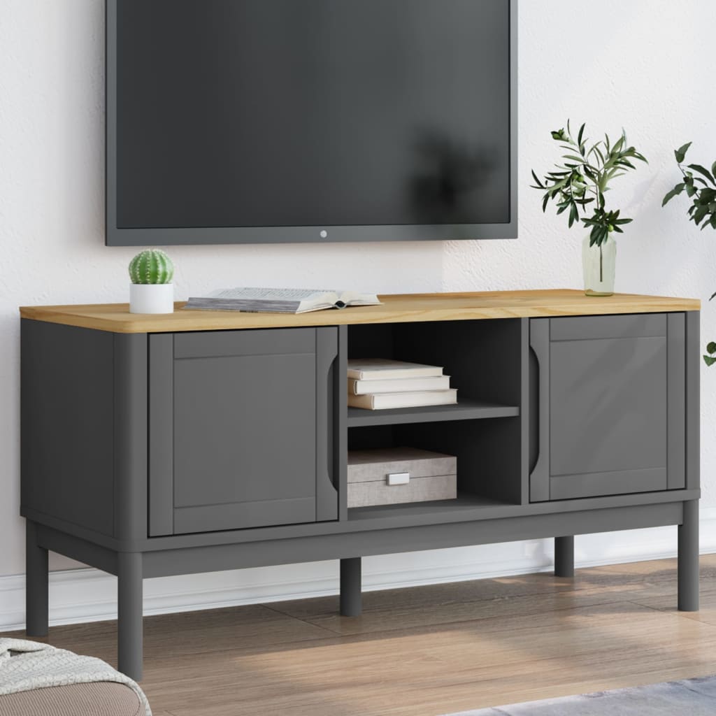 Meuble TV en Bois de Pin Cire - 114 cm-Mon Meuble TV-Gris-1-13