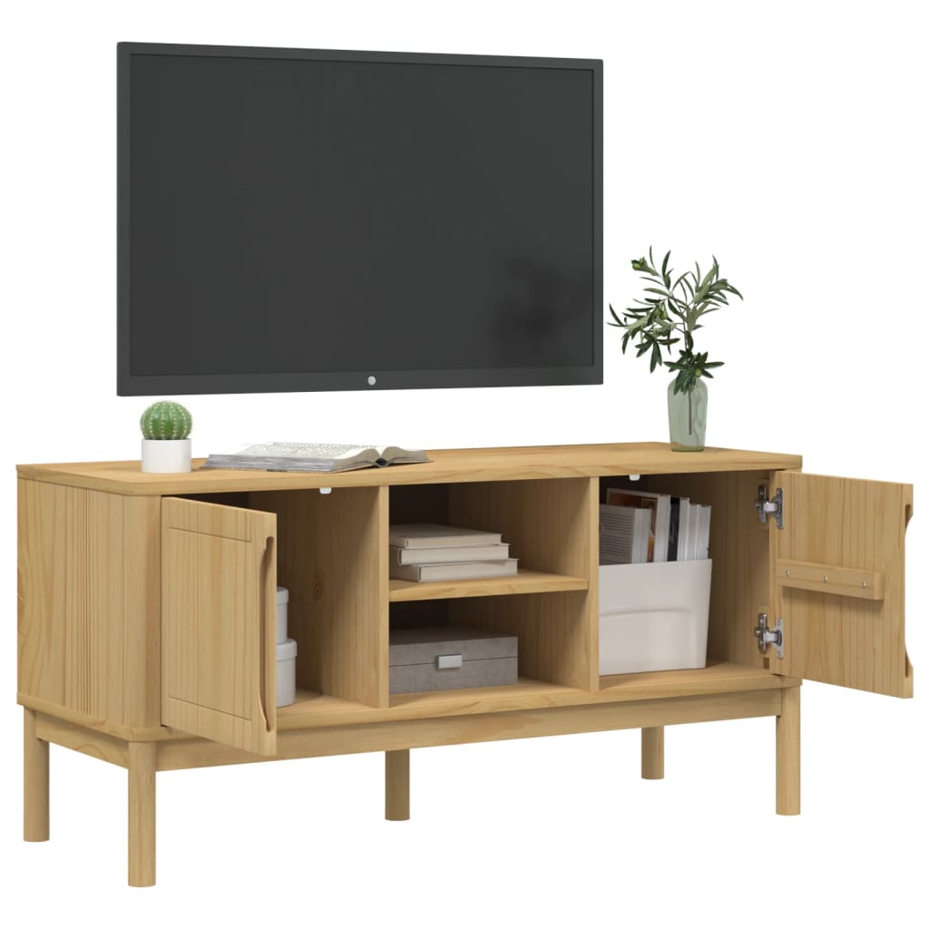 Meuble TV en Bois de Pin Cire - 114 cm-Mon Meuble TV-Marron cire-1-4