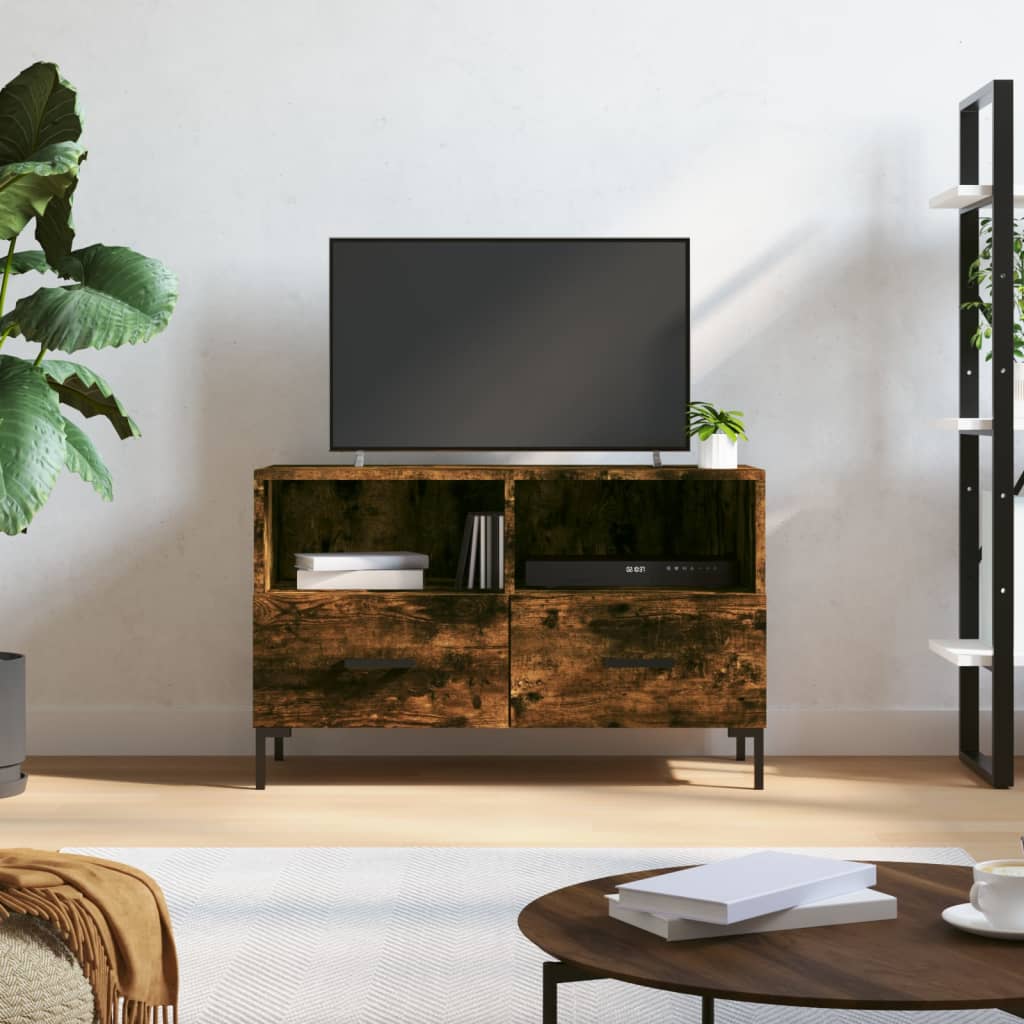 Meuble TV en Bois et Fer Noir Effet Béton - 80 cm-Mon Meuble TV-Chêne fumé-1-13