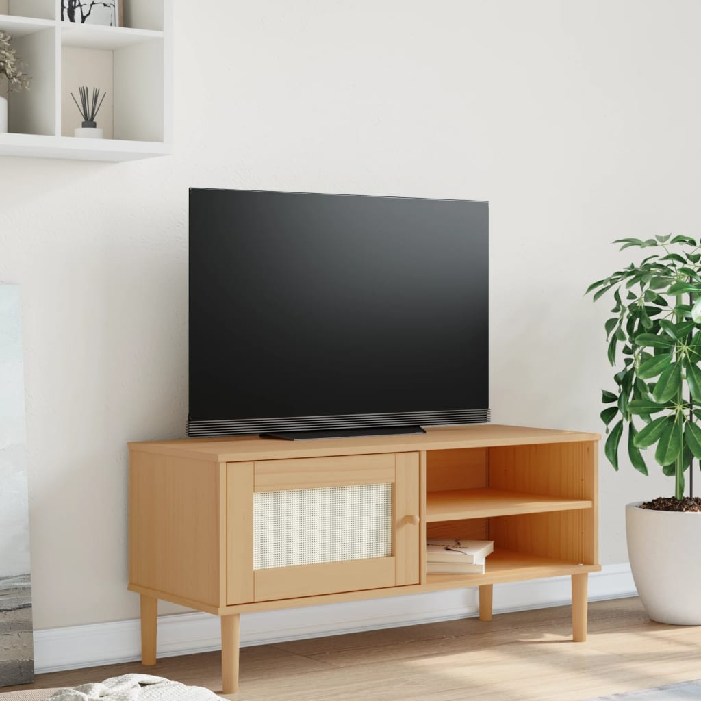 Meuble TV en Bois et Rotin Blanc - 106 cm-Mon Meuble TV-Marron-1-11
