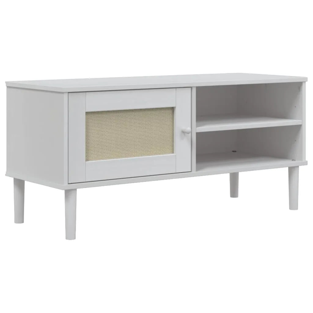 Meuble TV en Bois et Rotin Blanc - 106 cm-Mon Meuble TV-Marron-1-2
