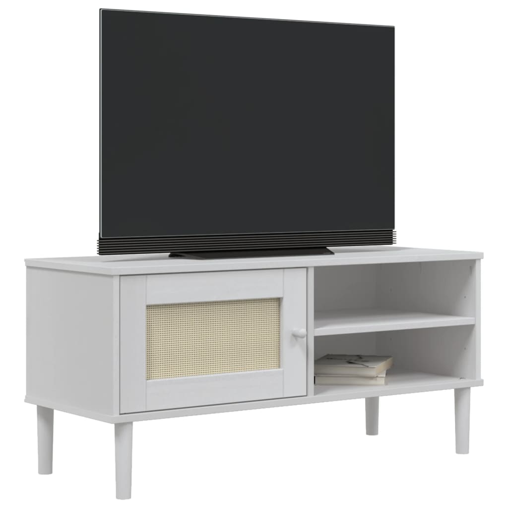 Meuble TV en Bois et Rotin Blanc - 106 cm-Mon Meuble TV-Marron-1-3
