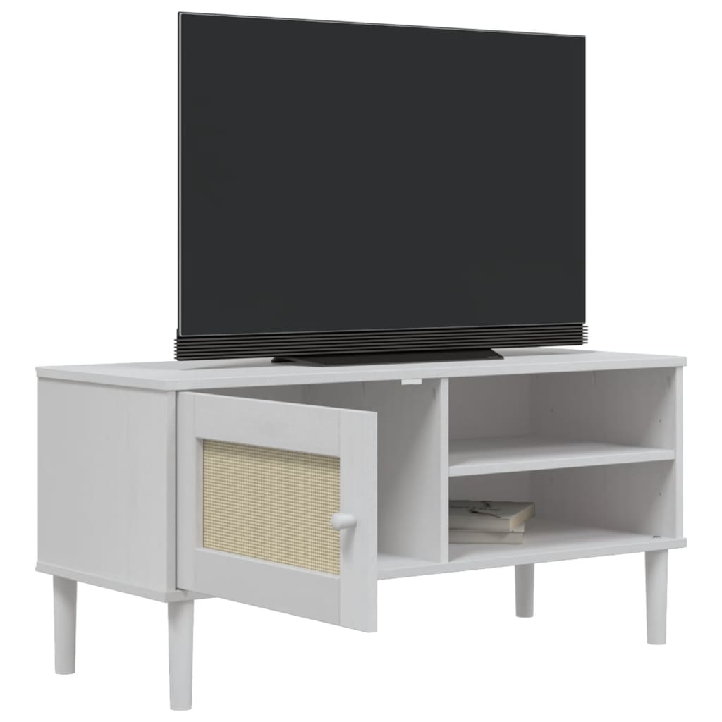 Meuble TV en Bois et Rotin Blanc - 106 cm-Mon Meuble TV-Marron-1-4