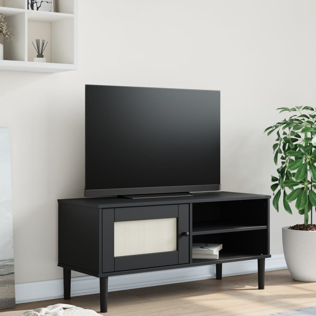 Meuble TV en Bois et Rotin Blanc - 106 cm-Mon Meuble TV-Noir-1-12