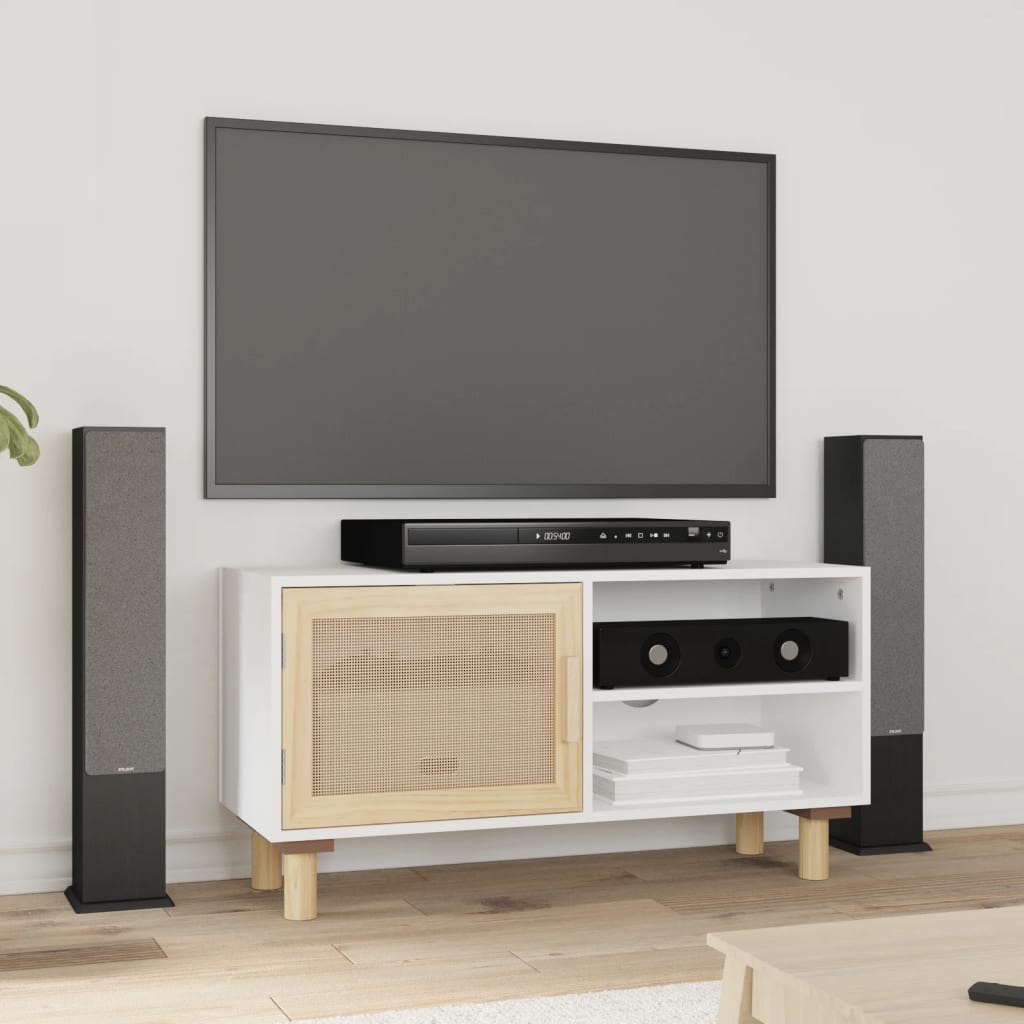 Meuble TV en Bois et Rotin Noir - 80 cm-Mon Meuble TV-Blanc-1-9