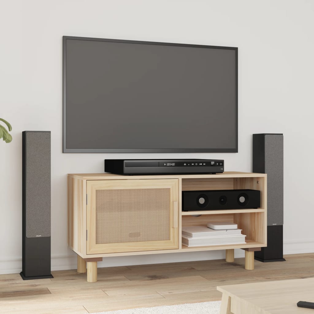 Meuble TV en Bois et Rotin Noir - 80 cm-Mon Meuble TV-Marron-1-10