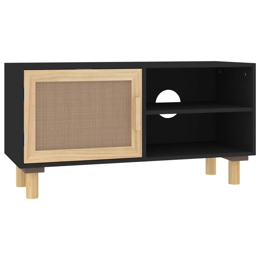 Meuble TV en Bois et Rotin Noir - 80 cm-Mon Meuble TV-Marron-1-2