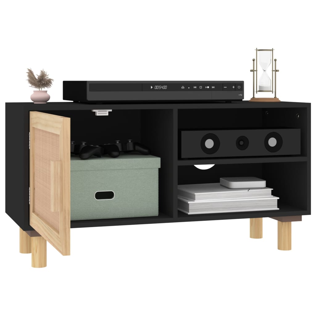 Meuble TV en Bois et Rotin Noir - 80 cm-Mon Meuble TV-Marron-1-3
