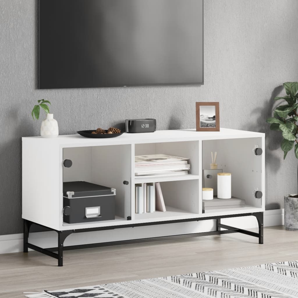 Meuble TV en Bois et Verre Effet Chêne - 102 cm-Mon Meuble TV-Blanc-1-13