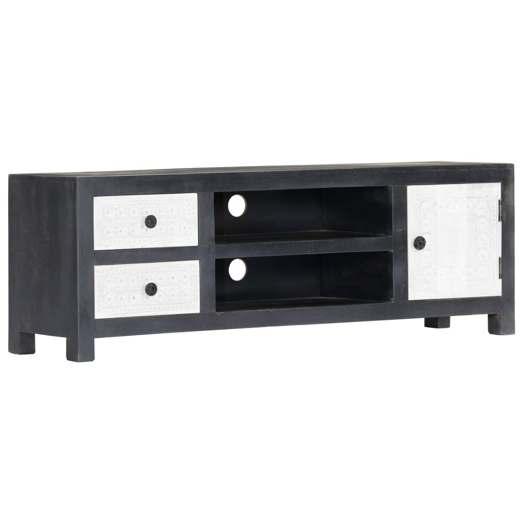 Meuble TV en Bois Gris et Blanc Sculpté - 120 cm-Mon Meuble TV-12