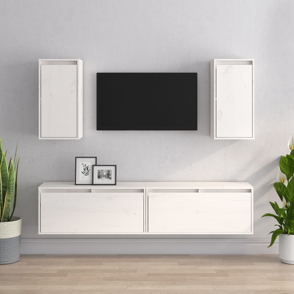 Meuble TV en Bois Massif Naturel Blanc - 4 Pièces-Mon Meuble TV-Blanc-2