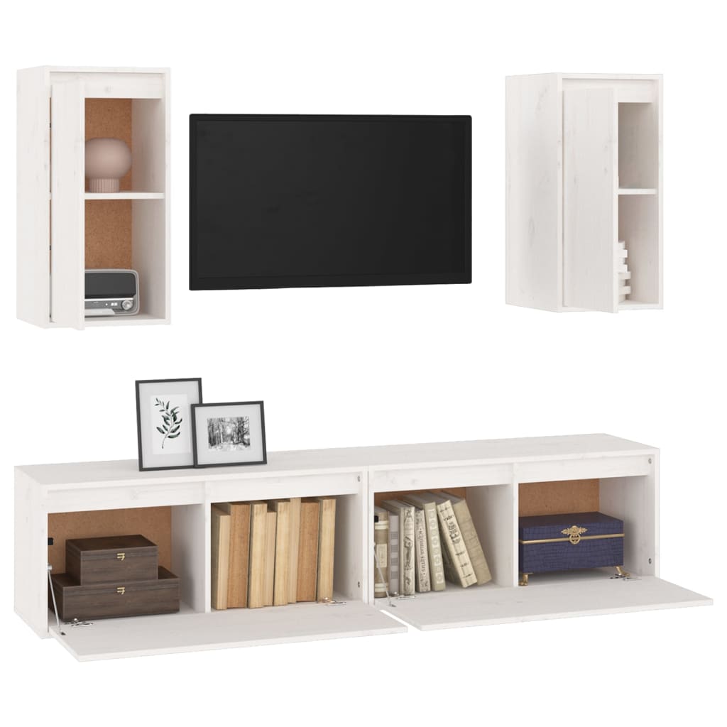 Meuble TV en Bois Massif Naturel Blanc - 4 Pièces-Mon Meuble TV-Blanc-4