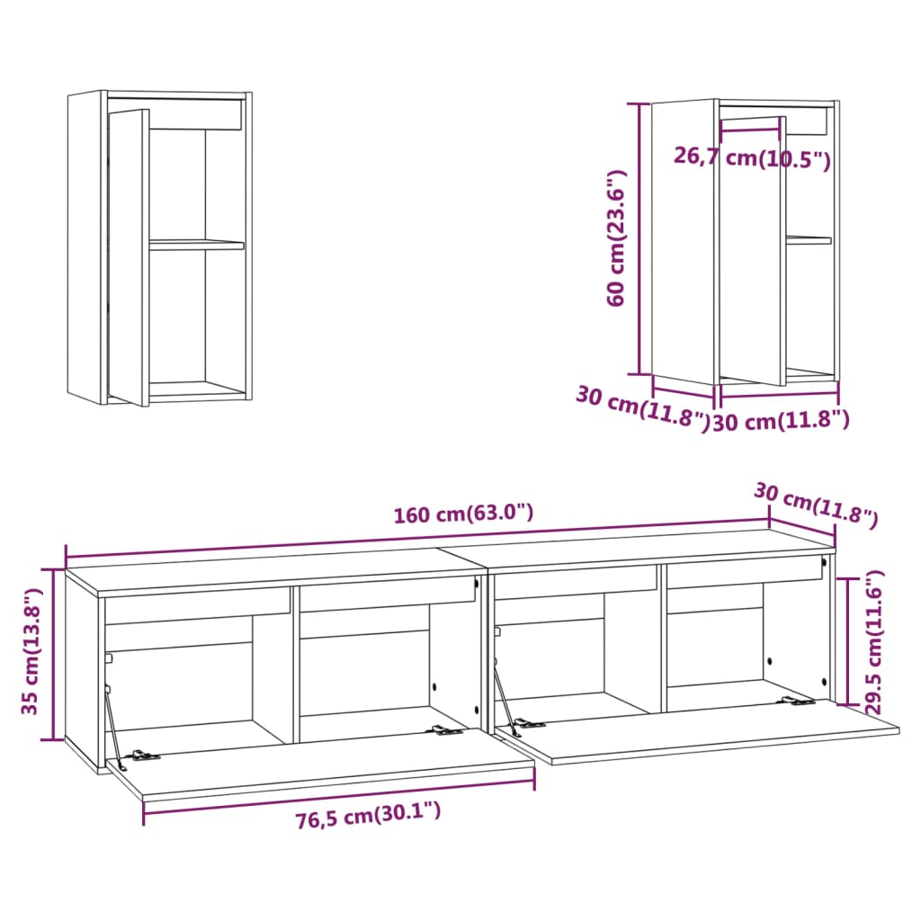 Meuble TV en Bois Massif Naturel Blanc - 4 Pièces-Mon Meuble TV-Blanc-9