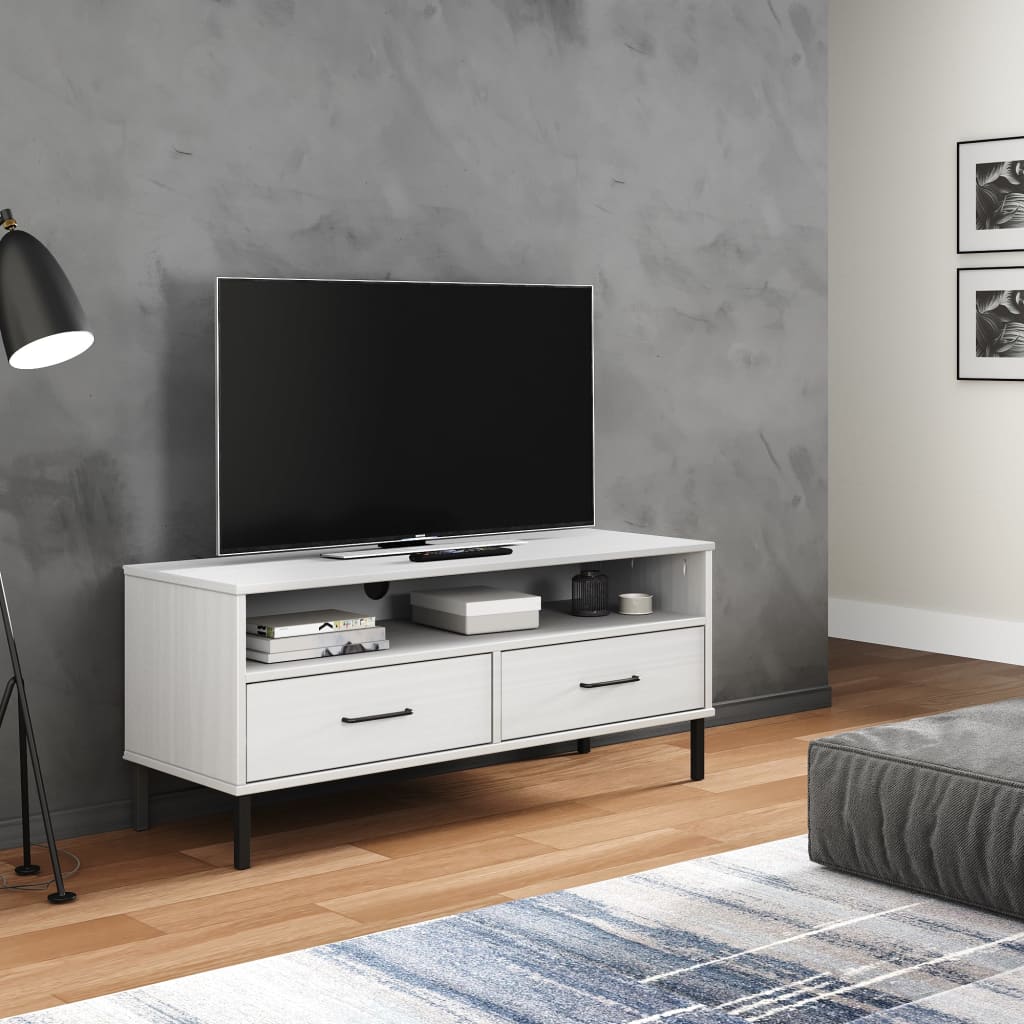 Meuble TV en Pin Gris Pied Métal Noir - 106 cm-Mon Meuble TV-Blanc-1-9