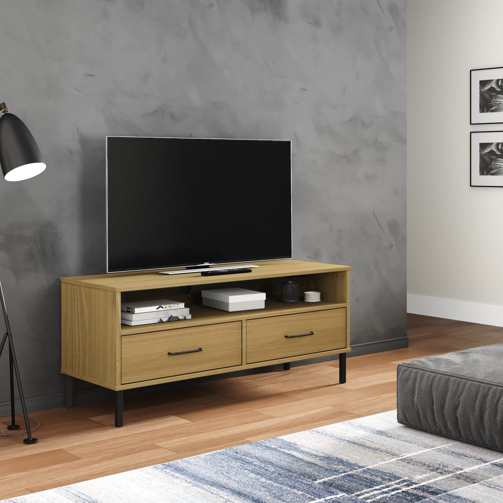 Meuble TV en Pin Gris Pied Métal Noir - 106 cm-Mon Meuble TV-Marron-1-10