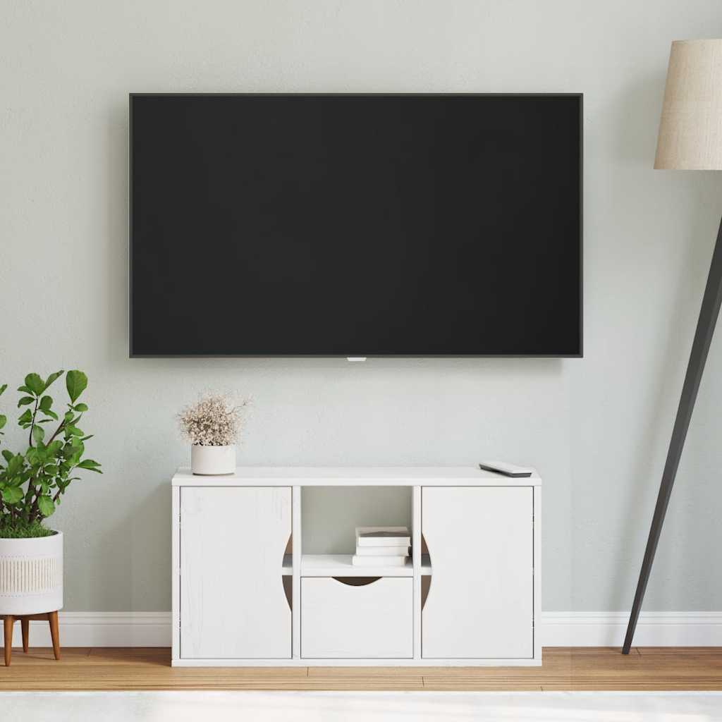 Meuble TV en Pin Massif Blanc - 79 cm-Mon Meuble TV-Blanc-avec tiroir et portes-2