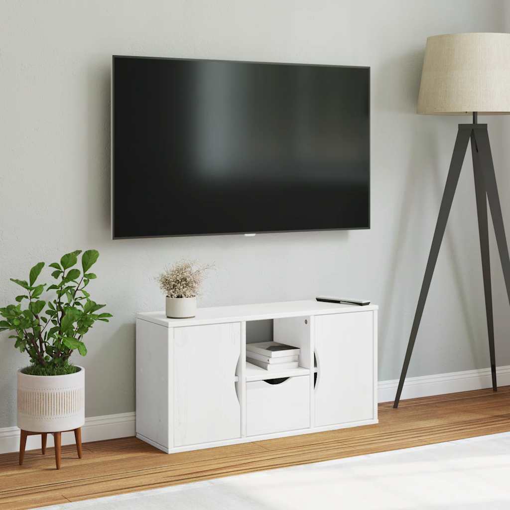 Meuble TV en Pin Massif Blanc - 79 cm-Mon Meuble TV-Blanc-avec tiroir et portes-4
