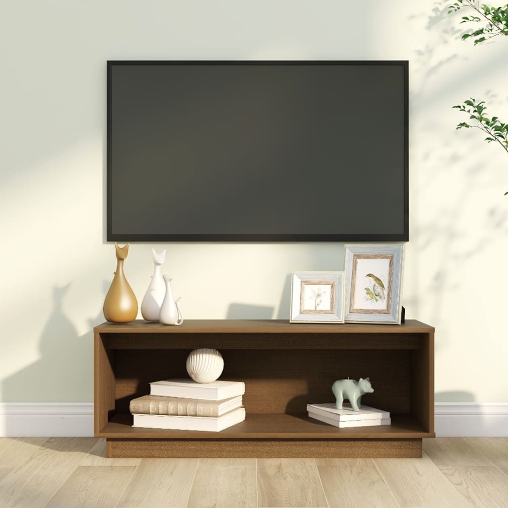 Meuble TV en Pin Massif Gris - 90 cm-Mon Meuble TV-Marron miel-11