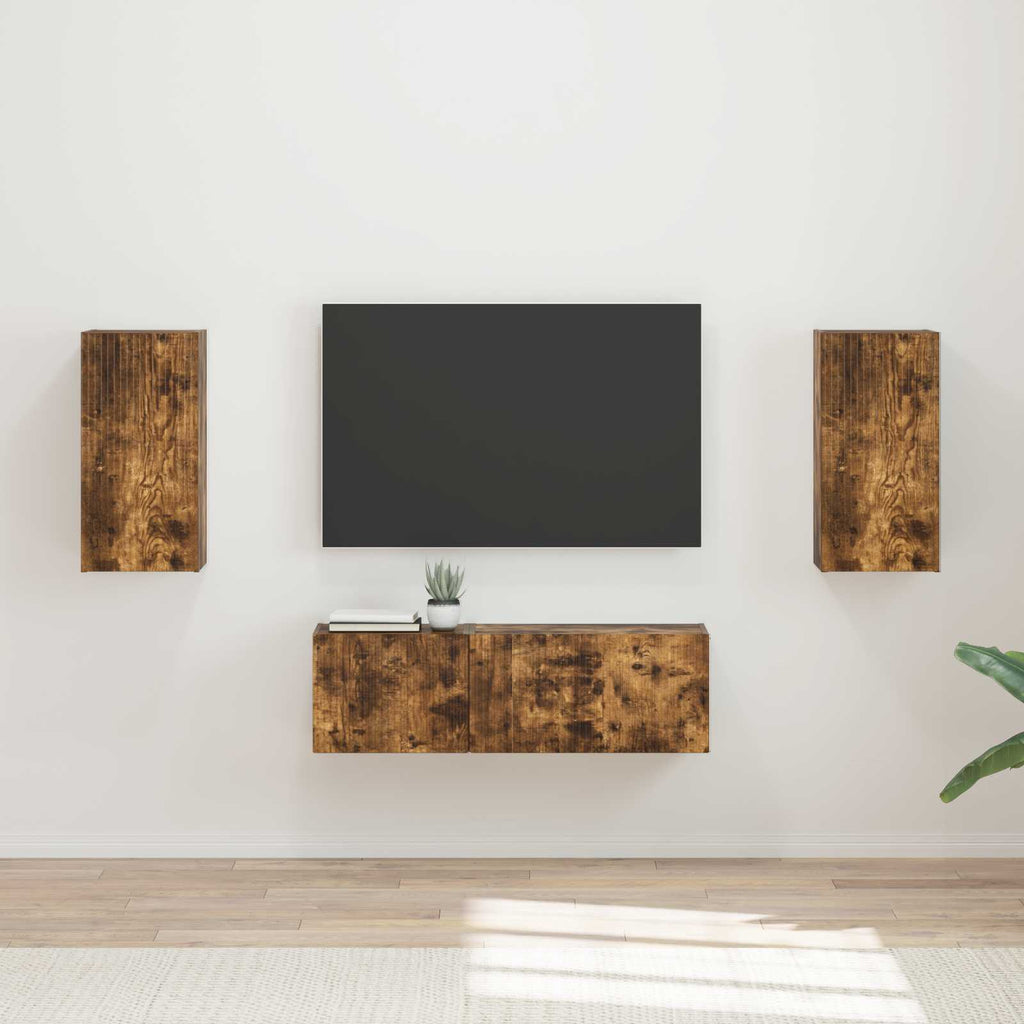 Meuble TV Étagère Murale Couleur Chêne Artisanal - 4 Pièces-Mon Meuble TV-Chêne fumé-17
