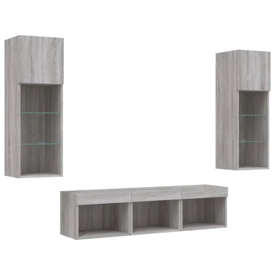 Meuble TV Gris LED Effet Chêne Sonoma - 5 Pièces