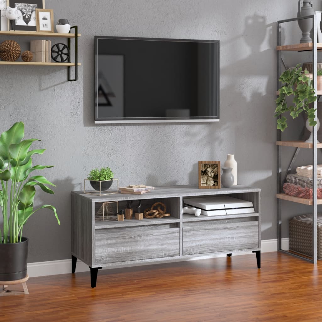 Meuble TV Gris Moderne Effet Chêne et Métal - 100 cm-Mon Meuble TV-100 cm-1-34.5 cm-1