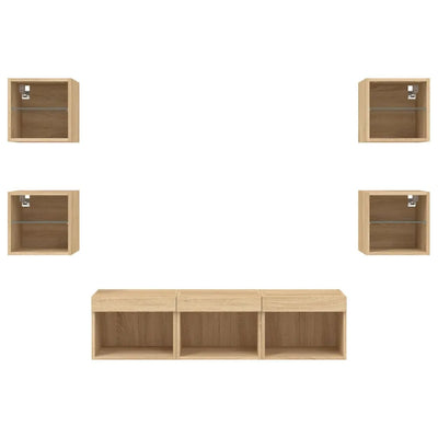 Meuble TV Gris Taupe Effet Chêne - 7 Pièces