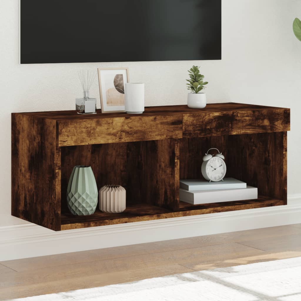 Meuble TV Haut LED Blanc - 160 cm-Mon Meuble TV-Chêne fumé-80 cm-1-37