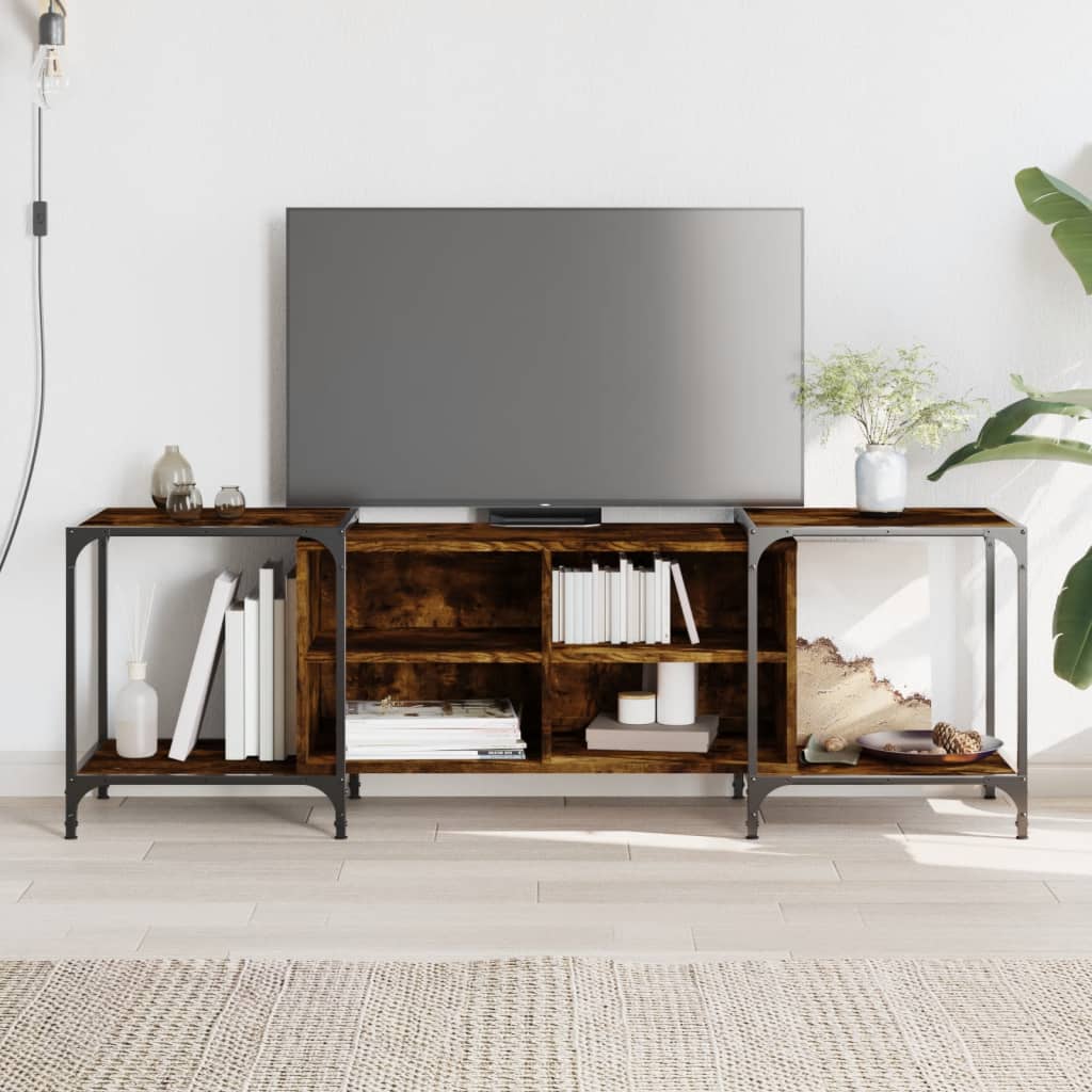 Meuble TV Industriel Effet Bois et Gris - Extensible-Mon Meuble TV-Chêne fumé-153 cm-1-14