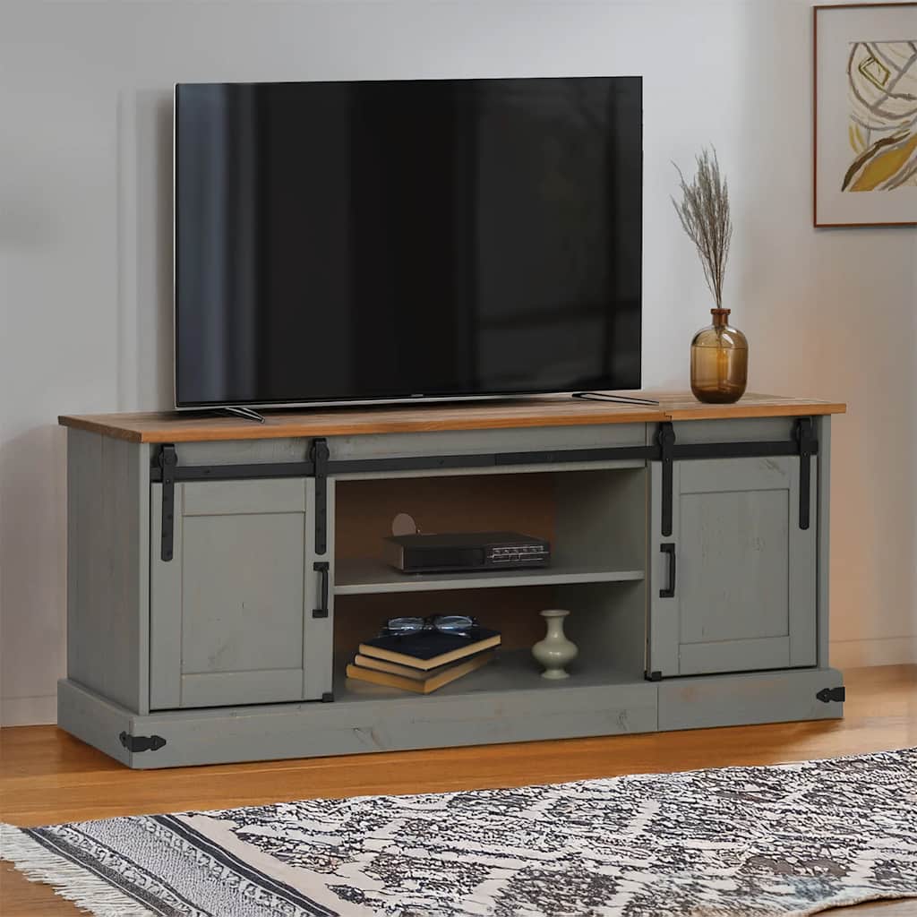 Meuble TV Industriel Porte Coulissante en Pin Massif - 150 cm-Mon Meuble TV-Gris-2