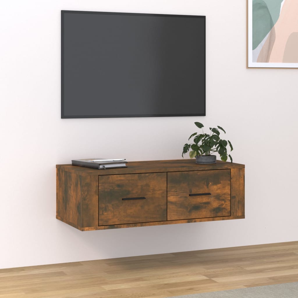 Meuble TV Industriel Suspendu Effet Béton - 80 cm-Mon Meuble TV-Chêne fumé-1-13